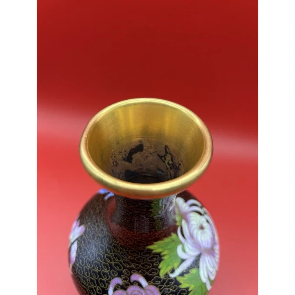 Vintage Chinese Cloisonne Enamel Vase Black Multicolor Flowers Butterfly 8.25